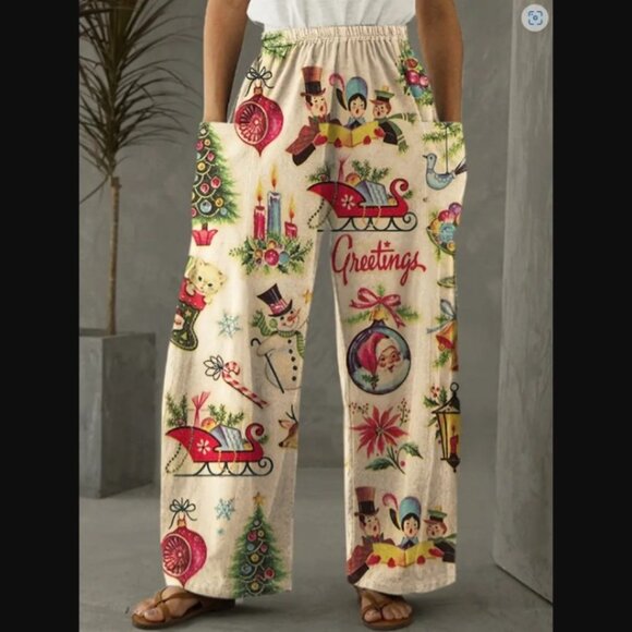 Christmas Fun Pajama Lounge Pants Wide Leg Holiday Vintage Print sz L NEW - Picture 1 of 2